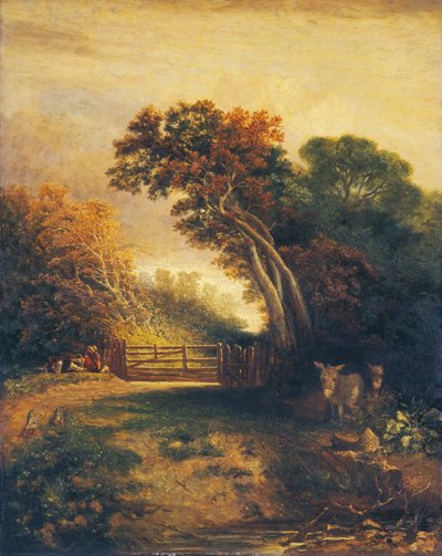 منظر طبيعي مع نزهة وحمير بجوار بوابة ، ج. 1830-1880. بواسطة جوزيف بول