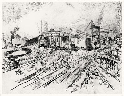 بناء Miraflores Lock ، اللوحة XXI من قناة بنما لجوزيف بينيل ، 1912 (فحم على ورق) بواسطة جوزيف بينيل