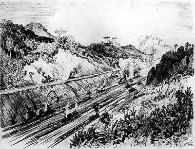 في القص في لاس كاسكيدز ، اللوحة الثانية عشرة من قناة بنما لجوزيف بينيل ، 1912 (فحم على ورق) بواسطة جوزيف بينيل