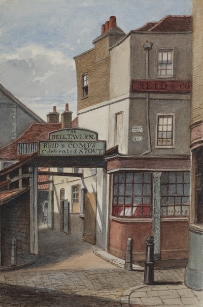 منظر لـ Bell Tavern ، Addle Hill ، تظهر لافتة لـ Reid and Companys المشهورة بشجاع قوي ، وآخر كبح ، 1868 (مرحاض على ورق) بواسطة جوزيف توماس ويلسون