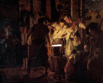 Atelier de marechal ferrant في القرن الثامن عشر لوحة جوزيف رايت من ديربي (1734-1797) 1771 صن. 0،99 × 1،25 م دربي ، متحف ديربي بواسطة جوزيف رايت من ديربي