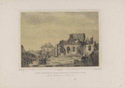 Poort en kerk في de Citadel van Antwerpen ، 1832 المدخل الداخلي والكنيسة القديمة لقلعة أنتويرب. بعد القصف في ديسمبر 1832 (العنوان على الجسم) ألبوم يضم سبع مناظر لأطلال الجزء الداخلي من قلعة أنتويرب (عنوان السلسلة) بواسطة جوزيف فان دن نيست