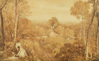 المناظر الطبيعية المشجرة مع الأكواخ والريفات ، هيرلي ، بيركس ، 1818 (مرحاض فوق الجرافيت على الورق) بواسطة جوشوا كريستال