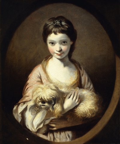 صورة ملكة جمال إميليا فانسيتارت ، نصف طول ، مرتدية فستان وردي وأبيض يحمل كلبًا ، c.1767-68 بواسطة جوشوا رينولدز