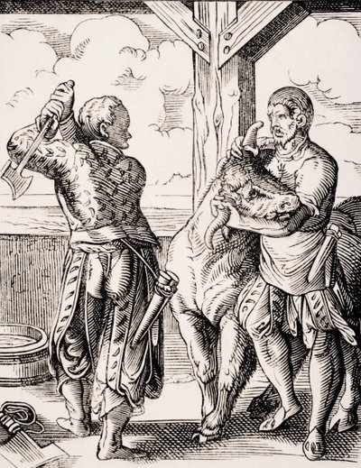 الجزار ومساعده ، استنساخ لنقش من القرن السادس عشر لجوست عمان (1539-1591) من "Le Moyen Age et La Renaissance" بقلم بول لاكروا (1806-1884) نُشر عام 1847 (ليثو) بواسطة جوست (بعد) عمان