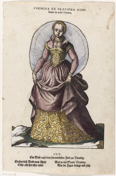 Adellijke vrouw في Venetiaanse dracht امرأة من أعلى طبقة نبلاء في مدينة البندقية / Ein Weib ausz dem fürnembsten Adel zu Venedig (العنوان على الكائن) سلوك الشعوب الرئيسية (...] (عنوان المسلسل) بواسطة هانز ويجل