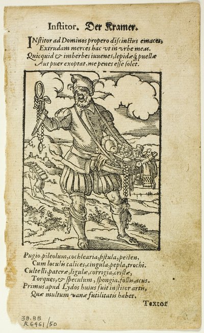 دير كرامر (البائع المتجول) من De omnibus illiberalibus sive mechanicis artibus بقلم هارتمان شوببر ، اللوحة 50 من نقوش خشبية من كتب القرن السادس عشر بواسطة جوست عمان