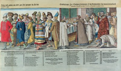 سفارة روسيا الكبرى لإيفان الرابع (1530-1584) لدى الإمبراطور الروماني المقدس في ريغنسبورغ عام 1576 (قطع خشبية ملونة) (التفاصيل) بواسطة جوست عمان