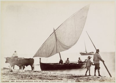 Ossen Trekken vissersboot het strand op في فالنسيا فالنس. - قارب صيد مرسوم على الرمال. (من الطبيعة) (العنوان على الكائن) بواسطة خوان لوران