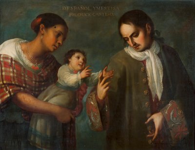 إسبانية وامرأة مستيزو مع طفلهما quot;كاستيزوquot;. بواسطة Juan Rodríguez Juárez