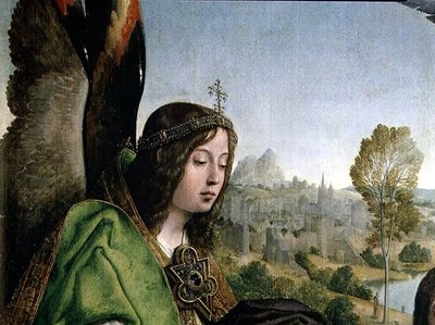معمودية المسيح ، تفاصيل رأس ملاك (زيت على لوح) بواسطة خوان دي فلاندس