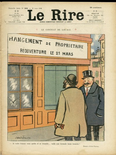رسم توضيحي لأبل فيفر (1867-1945) لغلاف Le Rire ، 21/03/08 - عقد الإيجار - التخطيط العمراني للعمارة ، الزفاف ، الزنا ، المتاجر بواسطة جول هابيل فافر