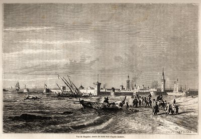 منظر للصويرة (موغادور سابقاً) رسمه جول نويل (1810-1881) لتوضيح السيد ف. رحلة شيكلر إلى المغرب عام 1860. نقش في "" حول العالم ، مجلة سفر جديدة "" باريس بواسطة جول أخيل نويل