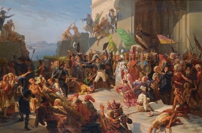 الحرب الأنجلو-تركية - الحروب النابليونية - السلطان سليم الثالث (1761-1808) زار الجنرال هوراس سيباستياني (1772-1851) أثناء دفاع القسطنطينية ضد الأسطول البريطاني ، فبراير 1807 بواسطة ريغو ، جول فنسنت (1810-1892). زيت على قماش ، مقاس بواسطة جول ألفريد فينسنت (بعد) ريجو