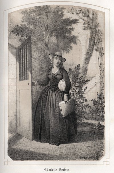 صورة شارلوت كورداي (1768 - 1793). في "" نساء فرنسا اللامع "" للكونتيسة دروهوجوسكا. الرسوم التوضيحية من DRUTS OF MM JULES و BAYALOS. حوالي عام 1850. بواسطة جول وبايلوس أيمي دي ديفيد