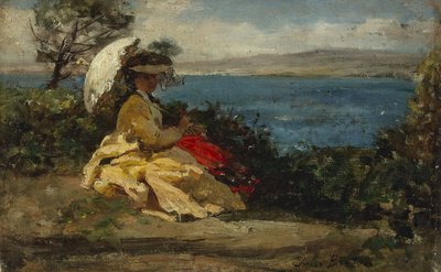 امرأة تحمل مظلة، خليج دوارنينيز، بين عامي 1870 و1875 (زيت على قماش) بواسطة Jules Breton
