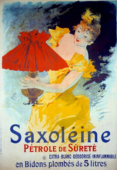 ملصق إعلاني لمنتج "Saxoleine Petrole de surete": امرأة تضع الزيت في مصباح. الإعلان الملصق "Saxoleine" ، زيت مصباح الأمان بواسطة Jules Cheret (1836-1932) بواسطة جول تشيريت