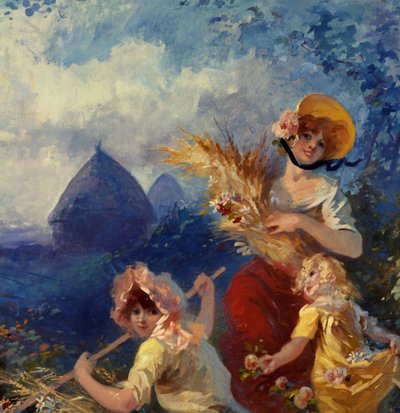 La Terre Allegorie تمثل شابات يحملن جزمة قمح على خلفية موسم الحصاد. التفاصيل. كرتون للنسيج لجول شيريت (1836-1932) القرن العشرين نيس ، متحف شيريت بواسطة جول تشيريت