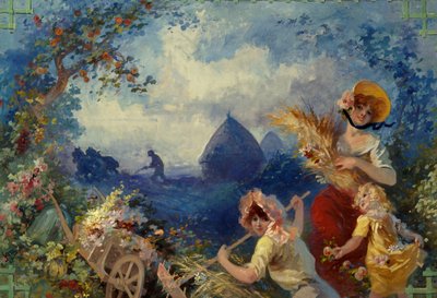 La Terre Allegorie تمثل شابات يحملن جزمة قمح على خلفية موسم الحصاد. كرتون للنسيج لجول شيريت (1836-1932) القرن العشرين نيس ، متحف شيريت بواسطة جول تشيريت