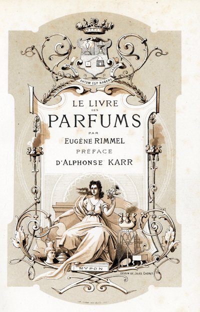 صفحة العنوان مع شعار النبالة وامرأة تحمل وردة ، جالسة على ترون - رسم لجول شيريت (1836-1932) من Le Livre des Parfums بقلم يوجين ريميل (1820-1887) ، فرنسا بواسطة جول تشيريت