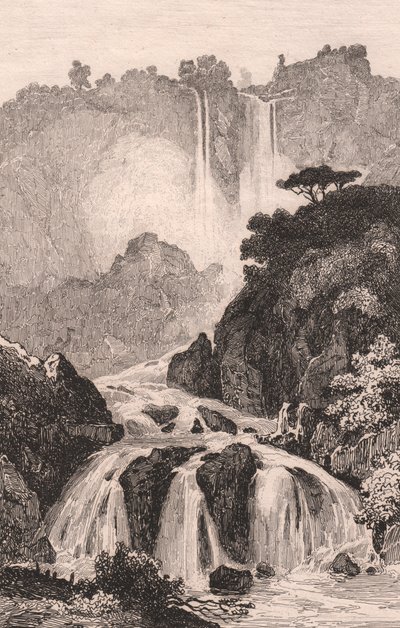 منظر لشلالات مارمور (Cascata delle Marmore) بالقرب من تيرني ، أومبريا ، إيطاليا ، نقش على الصلب بعد الرسم بواسطة Jules Coignet (1798-1860) ، حوالي 14 × 20 سم بواسطة جول كونييه