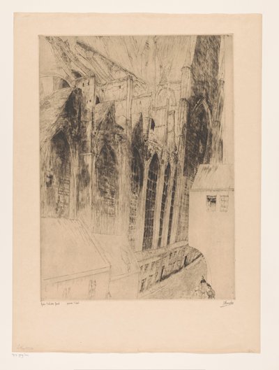 منظر للواجهة الجانبية لـ Sint-Niklaaskerk في Ghent Eglise St. Nicolas Gand (العنوان على الكائن) Rue du Chapeau Rouge a Gand بواسطة جول دي برويكر (توقيع الفنان)