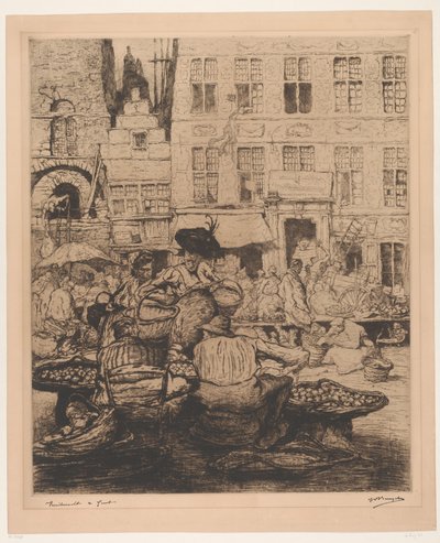 Cityscape مع سوق الفاكهة في Ghent سوق الفاكهة في غينت (العنوان على الكائن) بواسطة جول دي برويكر (توقيع الفنان)