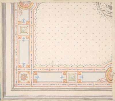 تصميم لوجه سقف ، قياسات مع ظهر رمز التصميم ، النصف الثاني من القرن التاسع عشر. التأليف: Jules-Edmond-Charles Lachaise ، Eugène-Pierre Gourdet. بواسطة جول إدموند تشارلز لاشيز ويوجين بيير جورديه