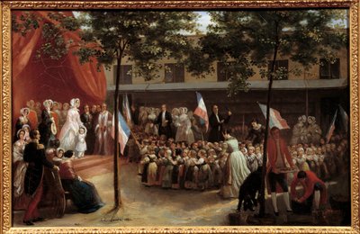 هيلين-لويز دي مكلنبورغ-شفيرين ، دوقة أورليانز (1814-1858) وابنها كونت باريس (1838-1894) يزورون غرفة اللجوء الباريسية (غرفة شارع سانت هيبوليت؟). يتم تقديم البطلين على خشبة المسرح مع أطفال المحبة بواسطة جول لور