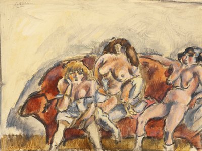 ثلاث نساء على أريكة حمراء (مرحاض على ورق) بواسطة Jules Pascin