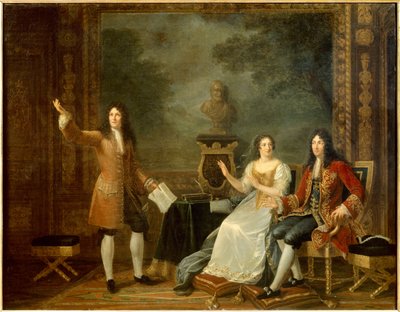 جان راسين (1639-1699) يقرأ "" أثالي "قبل لويس الرابع عشر (1638-1715) وفرانسواز ديوبيني ، ماركيز (مدام) من مينتينون (1635-1719). لوحة جولي فيليبولت (1780-1834) بواسطة جولي فيليبولت