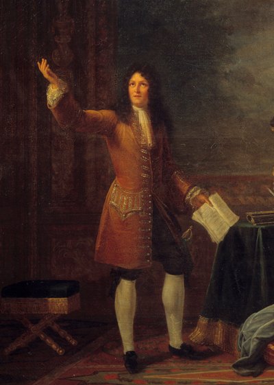 جان راسين (1639-1699) يقرأ مسرحيته أمام ملك فرنسا. تفاصيل اللوحة "" جان راسين (1639-1699) التي تقرأ "" أثالي "" قبل لويس الرابع عشر (1638-1715) وفرانسواز ديوبيني ، ماركيز (مدام) دي مينتينون (1635-1719) ". اللوحة بواسطة J بواسطة جولي فيليبولت