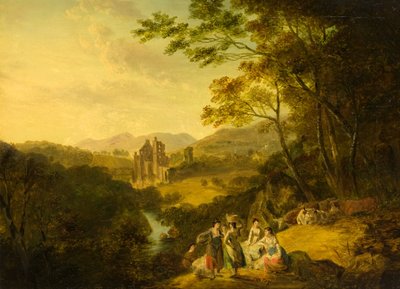 قلعة روسلين مع Washerwomen and Cattle ، حوالي 1800 (زيت على قماش) بواسطة يوليوس قيصر إبيتسون
