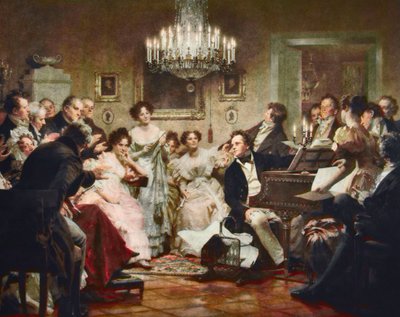 فرانز شوبرت (1797-1828) على البيانو أثناء أمسية شوبرت في صالون في فيينا - نقش بعد جوليوس شميد (1854-1935) بواسطة يوليوس شميد