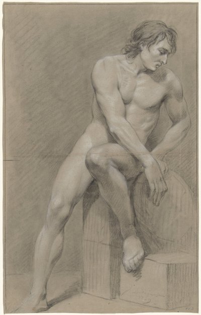 رجل جالس عاريًا ، استدار إلى اليمين ، والقدم اليسرى على كتلة بواسطة مجهول