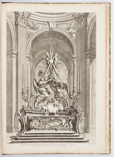 تصميم للمذبح الرئيسي لكنيسة St. Sulpice of Paris ، اللوحة 109 ، في Oeuvres de Juste-Aurèle Meissonnier (أعمال Juste-Aurèle Meissonnier) بواسطة جوست أوريل ميسونير