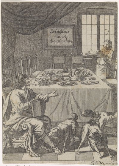 Zoilus يجلس على طاولة موضوعة De Gustibus non est disputandum (العنوان على الكائن) بواسطة Justus van den Nijpoort