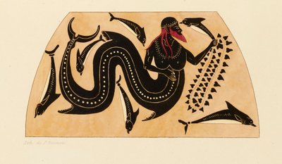 طباعة الزخرفة على أمفورا يونانية ، تظهر بوسيدون برفقة الدلافين ، c1858. بواسطة Kaeppelin et Company