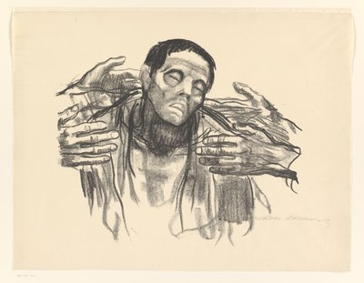رجل وأربع أيادي نصف روسيا (العنوان الأصلي) بواسطة Käthe Kollwitz (توقيع الفنان)