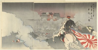 قوات الحلفاء تهاجم بكين ؛ القوات اليابانية عند بوابة تشاويانغ. Rengogun Pekin highbi nichi gun Ehoyomon senryo no zu (العنوان على الكائن) بواسطة كاجيتا هانكو