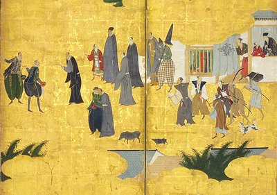 تفاصيل البرابرة الجنوبية يأتون إلى التجارة ، زوج من ست شاشات ، أوائل القرن السابع عشر بواسطة كانو نايزن
