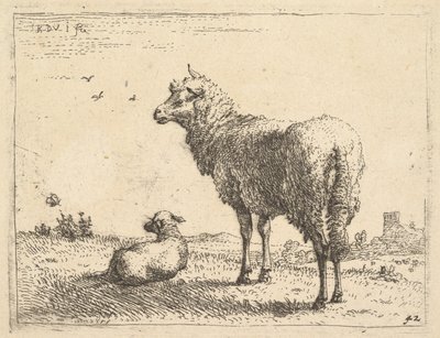 خروف ناضج في ثلاثة أرباع يقف واقفًا إلى اليسار ، بجانبه خروف ... ، كاليفورنيا. 1655. بواسطة كاريل دو جاردين