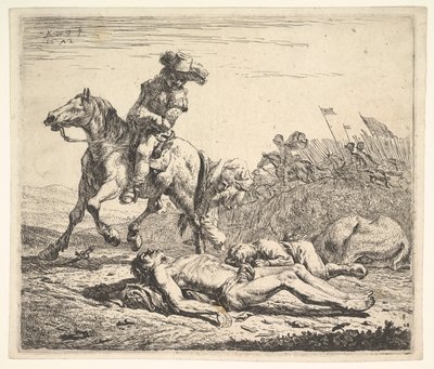 ساحة المعركة مع فارس يطل على كتفه الأيسر باتجاه جثة مجردة على الأرض ... ، 1652. بواسطة كاريل دو جاردين