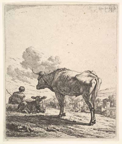 راعي البقر مع البقر والعجل على سفح التل ، ينظر راعي البقر من الخلف ويجلس في ... ، 1658. بواسطة كاريل دو جاردين