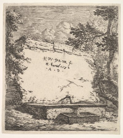 صورة للواجهة مع نافورة متدرجة ، جدار حجري مع صنبور ماء يصب الماء في ... ، 1652. بواسطة كاريل دو جاردين