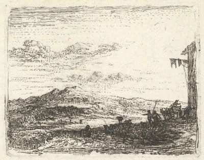 منظر طبيعي مع زاوية بناء ومظلة في أقصى اليمين ، شكلان وحصان -... ، كاليفورنيا. 1641-78. بواسطة كاريل دو جاردين