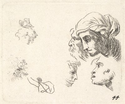 دراسة الرؤوس في منظر جانبي ، امرأة ترتدي غطاء رأس ورجل ملتحي رأسه ... ، كاليفورنيا. 1641 - 178. بواسطة كاريل دو جاردين