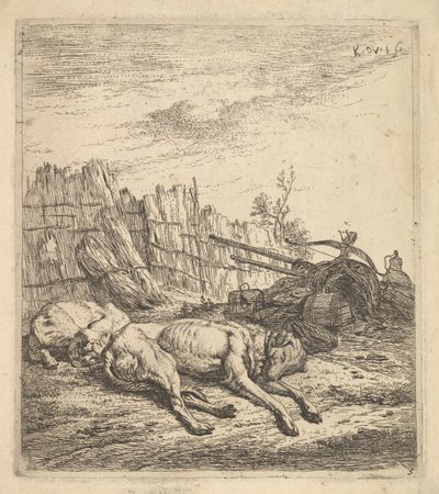 كلبان ينامان على الأرض ، محراث ، معدات زراعية ، باقات من القش ، و ... ، كاليفورنيا. 1641-78. بواسطة كاريل دو جاردين