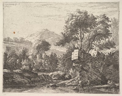 رجلان يقفان بعمق الكاحل في جسم مائي مع نتوء صخري خلفهما ، إلى ... 1658. بواسطة كاريل دو جاردين