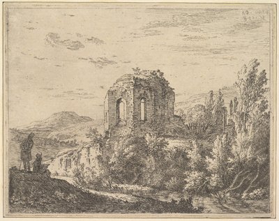منظر لأطلال تُظهر زاوية مبنى به نافذتان مقنطتان ، في منظر طبيعي مع ... ، 1658. بواسطة كاريل دو جاردين